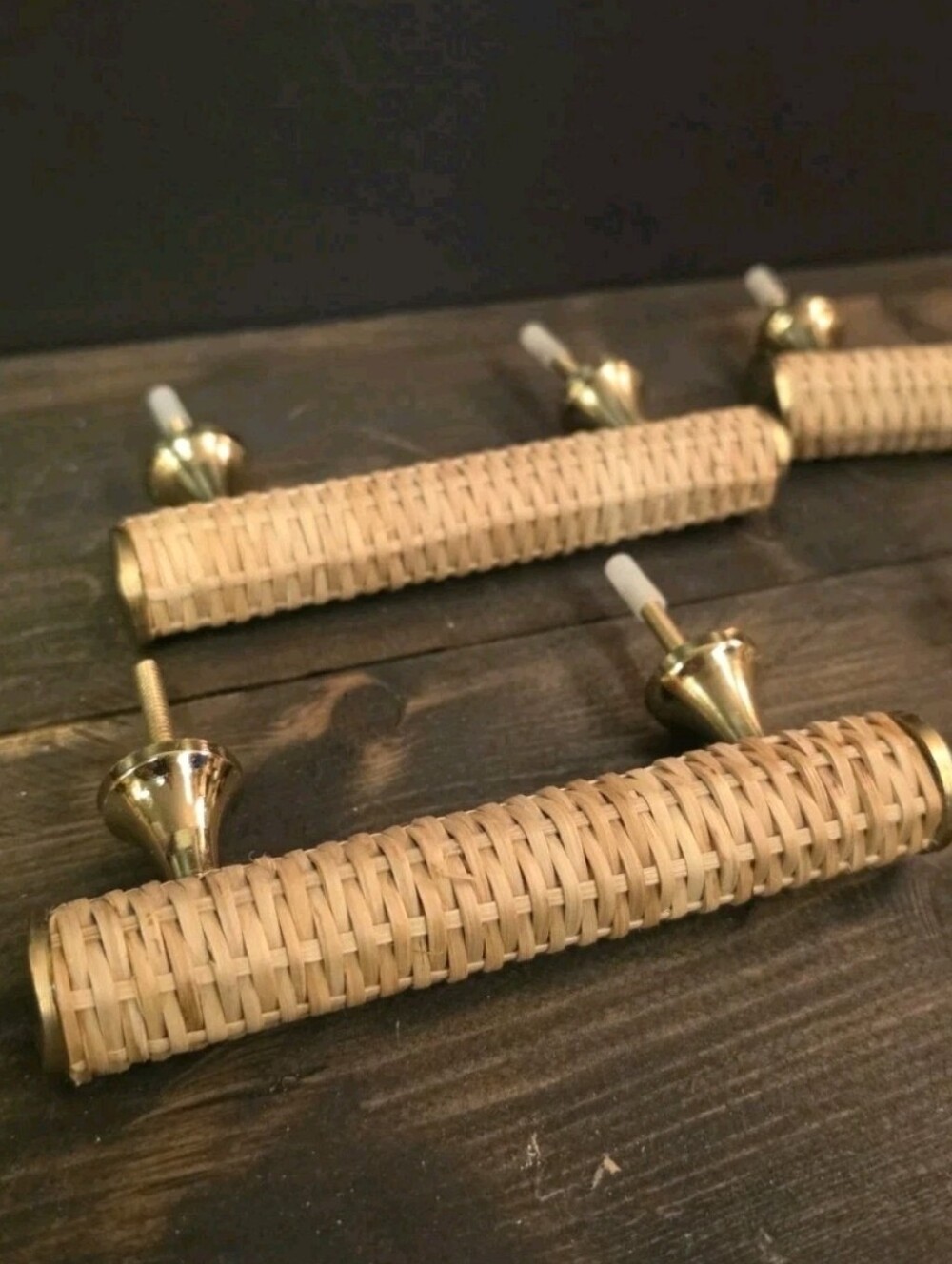 Set of 4 Boho Rattan Brass Cabinet Handles Woven Drawer Pulls Hardware 5.75"